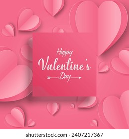 Fondo del día de San Valentín con forma de corazón Cortado de papel. Ilustración vectorial. Diseño creativo para la venta, plantilla de cupón, afiches, folleto.