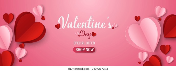 Valentine's day Background with Heart shape Paper cut. Vector illustration. Creative design for sale concept, voucher template, posters, brochure.