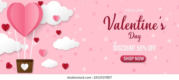 Valentine's day Background with Heart shape Paper cut. Vector illustration. Creative design for sale concept, voucher template, posters, brochure.  Pink banner party invitation template.
