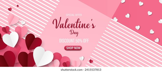 Valentine's day Background with Heart shape Paper cut. Vector illustration. Creative design for sale concept, voucher template, posters, brochure.  Pink banner party invitation template.