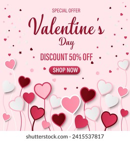 Valentine's day Background with Heart shape Paper cut. Vector illustration. Creative design for sale concept, voucher template, posters, brochure.  Pink banner party invitation template.