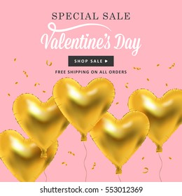 Valentines day background with heart shape golden metallic balloons. Social media special sale promotion.