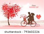 Valentine's Day background with a heart shaped trees and a bicycle. Vector.