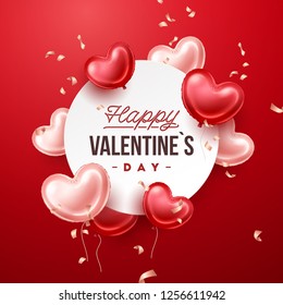 Valentines Day background with heart shaped balloons. Holiday vector illustration