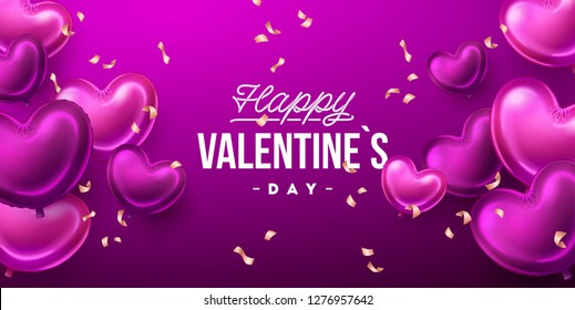 Valentines Day background with heart shaped balloons. Holiday vector illustration
