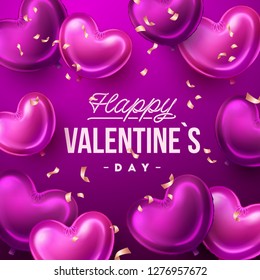 Valentines Day background with heart shaped balloons. Holiday vector illustration