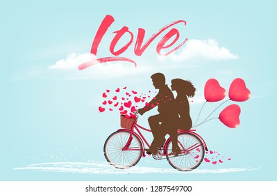 Valentine's Day background with a heart shaped ballons and a bicycle with silhouelle. Vector.