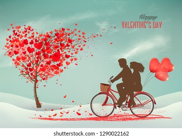 Valentine's Day background with a heart shaped ballons and a bicycle with silhouelle. Vector.