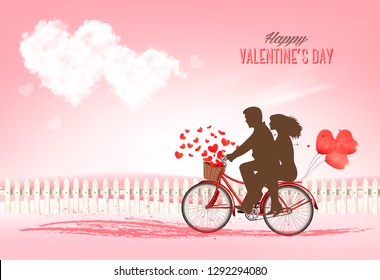 Valentine's Day background with a heart shaped clouds and a bicycle with silhouelle. Vector.