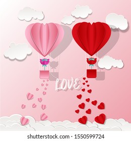 Valentine's day background with heart shaped hot air balloon flying through clouds. Romantic paper art and origami style vector illustration