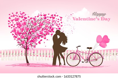 Valentine's Day background with a heart shaped tree and a couple in Love. Vector.