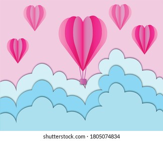 valentines day background with heart shaped paper effect hot air balloons and paper cut clouds