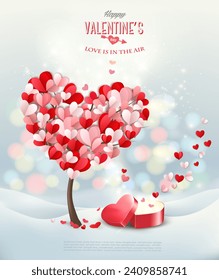 Valentine's Day background with heart shaped tree and open red heart shaped gift box. Vector.