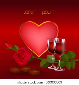 Valentine's Day background with heart shaped frame. On the template are located wine glasses and red roses.