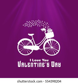 Valentine's Day background with a heart shaped tree and a bicycle with heart shaped balloons. Vector.