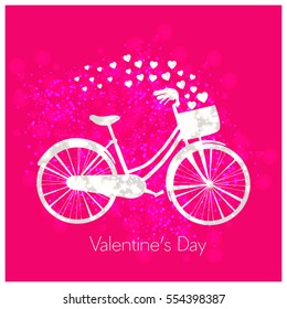 Valentine's Day background with a heart shaped tree and a bicycle with heart shaped balloons. Vector.