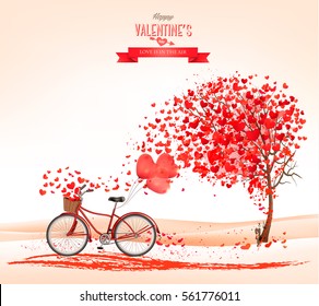 Valentine's Day background with a heart shaped tree and a bicycle. Vector.