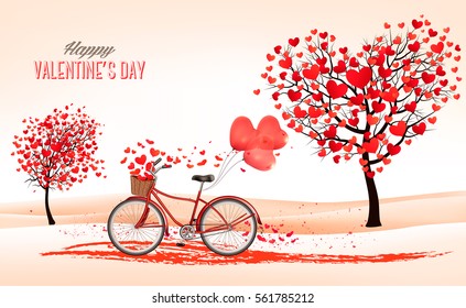 Valentine's Day background and heart shaped trees   bicycle  Vector 