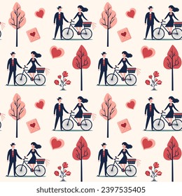 Valentine's Day background. Heart shapes and romantic couple. Love bouquets seamless vector pattern. 