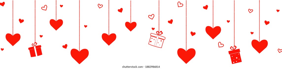 Valentine's day background with heart stickers hanging with gift boxes. Horizontal banner, ornament. Vector illustration