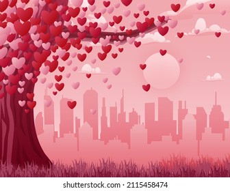 Valentines day background with a heart tree and cityscape