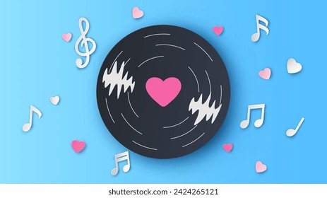 Valentines Day Background with Heart vinyl Record of Love Songs. Heart vinyl Record of Love. Valentines card. paper cut and craft style. vector, illustration.