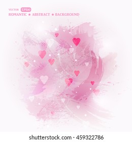 Valentine's day background with hearts. Abstract background with pink paint splashes. Imitation paint on the wall. Paint splat grunge background