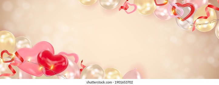 Valentines day background with hearts, balloons, shining garlands, tinsel. Romantic composition from balls with space for text. Template for birthday, wedding greeting card, poster, postcard, banner