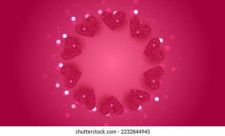 Valentine's Day background. Hearts and bokeh on red backdrop. Round frame.
