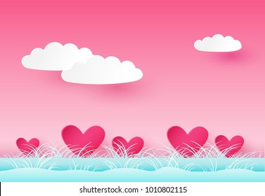 Valentine's day background with hearts, clouds and grass. Paper syle. Vector illustration eps 10.