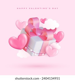 Fondo de San Valentín con corazones, nubes, cajas de regalo y luces. Ilustración para la venta de amor o tarjeta de saludo.