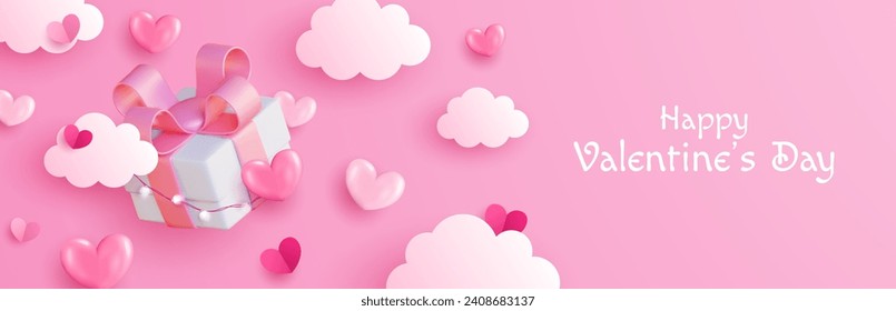 Fondo de San Valentín con corazones, nubes, cajas de regalo y luces. Ilustración para la venta de amor o tarjeta de saludo.