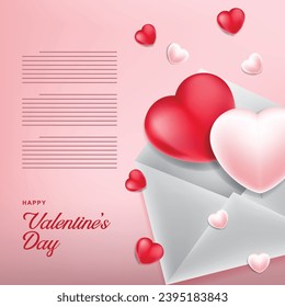 Valentine's day background with hearts and envelope. Vector illustration