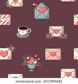 Valentine's Day background with hearts, envelopes, love letters, flowers. Sweet and romantic design. Vector illustration.