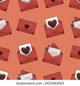 Valentine's Day background with hearts, envelopes, love letters, flowers. Sweet and romantic design. Vector illustration.