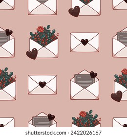 Valentine's Day background with hearts, envelopes, love letters, flowers. Sweet and romantic design. Vector illustration.