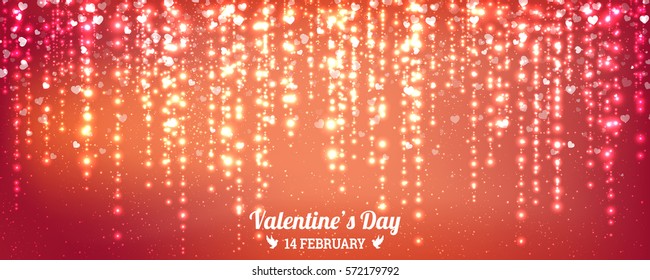 Valentines Day background of hearts falling. Element for greeting cards. Glowing glitter light effects