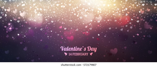 Valentines Day background of hearts falling. Element for greeting cards. Glowing glitter light effects
