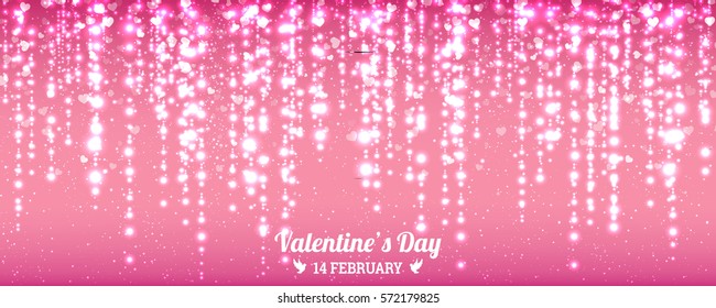 Valentines Day background of hearts falling. Element for greeting cards. Glowing glitter light effects