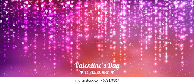 Valentines Day background of hearts falling. Element for greeting cards. Glowing glitter light effects