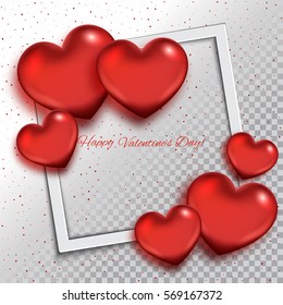 Valentines day background with hearts and frame . Transparent background.