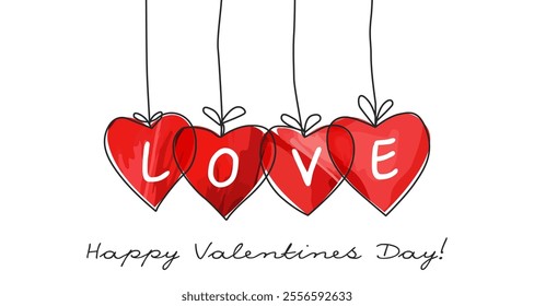 Valentine`s Day Background with Hearts Garland. Vector Illustration for Valentine`s Day Greetings Cards Design. Love Symbol Trendy Hand Draw Template for Holiday Design. Not AI