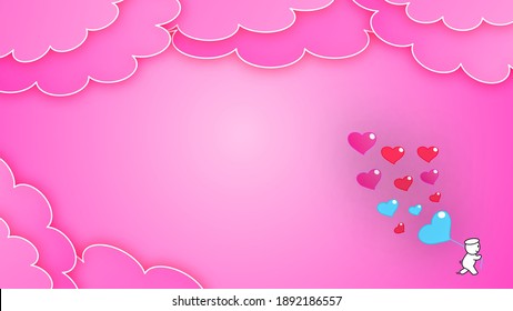 Valentinstag Hintergrund mit Herzen Horizontal. Herzlichen Glückwunsch Valentinstag-Karte, horizontales Banner mit zerschnittenen Wolken und Herzensobjekten auf rosafarbenem Hintergrund.