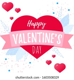 Valentines day background with hearts, leafs and typography of happy valentines day text . Vector illustration. Wallpaper, flyers, invitation, posters, brochure, banners.