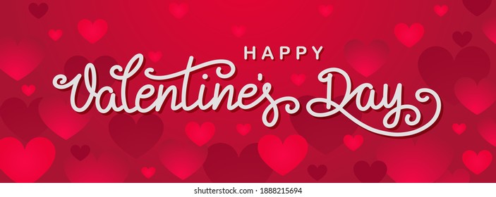 Valentine's day background with hearts and lettering. Cute love banner or greeting card. Vector illustration on a red background.