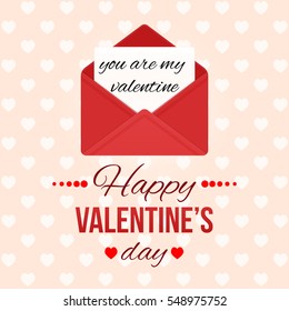 Valentine's day background with hearts. Love message. Red open envelope with letter. Romantic mail. Creative colorful modern vector illustration. Holiday template, greeting card, flyer, poster design