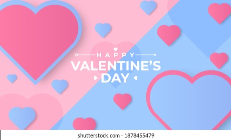 Valentine's Day background with hearts on pink and blue. Vector illustration. Cute love valentine banner or greeting card. Paper cut style. Place for your text