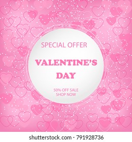 Valentine's day background with hearts  on the pink background. Vector Illustration