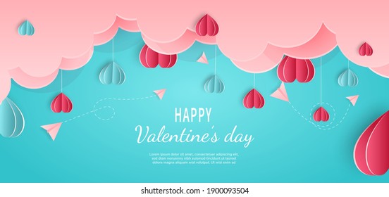 Valentine's day background. Hearts pink and blue papaer cut card on blue background. Decor clouds and plane with space for text. Vector illustration