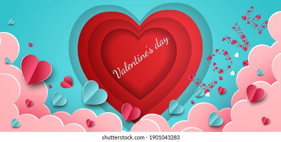 Valentine's day background. Hearts pink and blue papaer cut card on blue background. Decor clouds and plane with space for text. Vector illustration